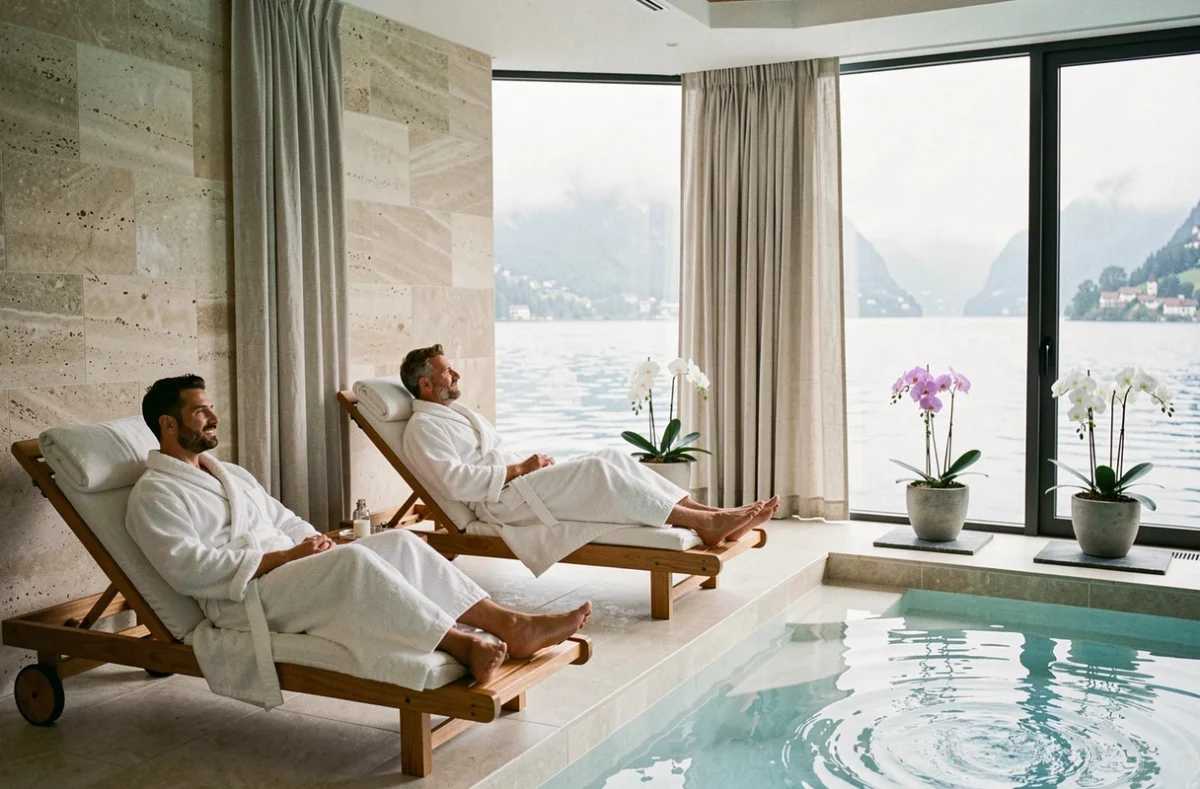 Couple en robes blanches au spa intérieur du Rivage Hôtel avec vue sur le lac d'Annecy