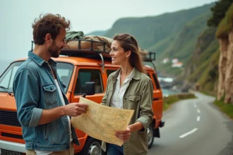 Couple consultant une carte routière appuyé contre un van vintage sur une route côtière au Pays basque