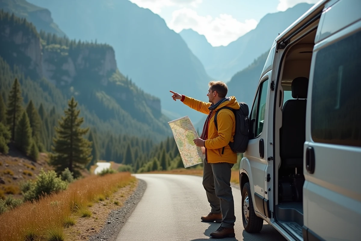 Couple en road trip van consultant une carte routière devant un paysage de montagne en Haute-Corse