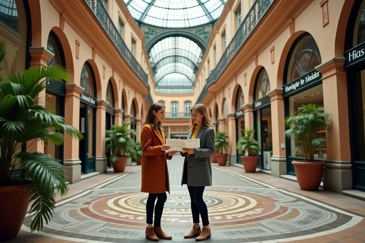 Rotonde de la Galerie Vivienne à Paris avec son sol en mosaïque et sa coupole, deux femmes consultent un plan devant un salon de thé historique