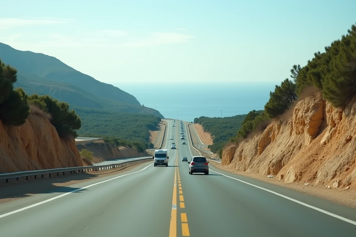 Route nationale gratuite longeant la Méditerranée en Espagne avec trafic de voyageurs