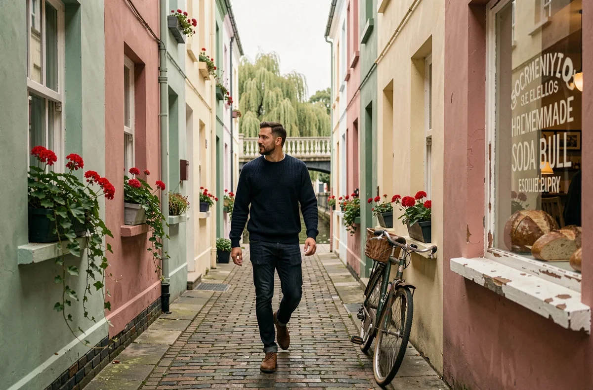 Ruelle résidentielle pittoresque à Portobello, Dublin, maisons en terrasse aux couleurs pastel et cycliste local devant un café artisanal