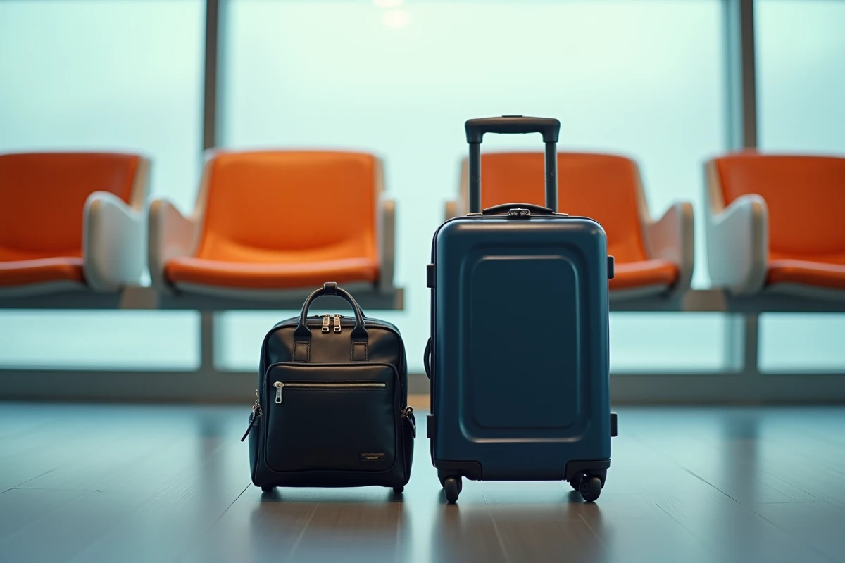 Sac à main et bagage cabine posés côte à côte dans un terminal EasyJet