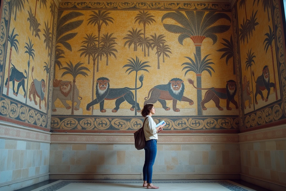 Mosaïque byzantine de la Salle de Roger au Palais des Normands à Palerme représentant des scènes de chasse avec lions et paons