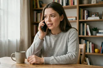 Femme contactant le service client BlaBlaCar par téléphone depuis son bureau à domicile