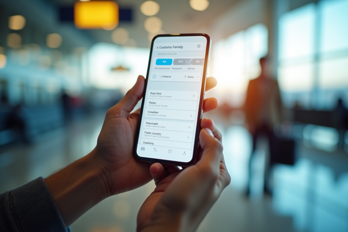 Mains tenant un smartphone avec un formulaire de douane numérique
