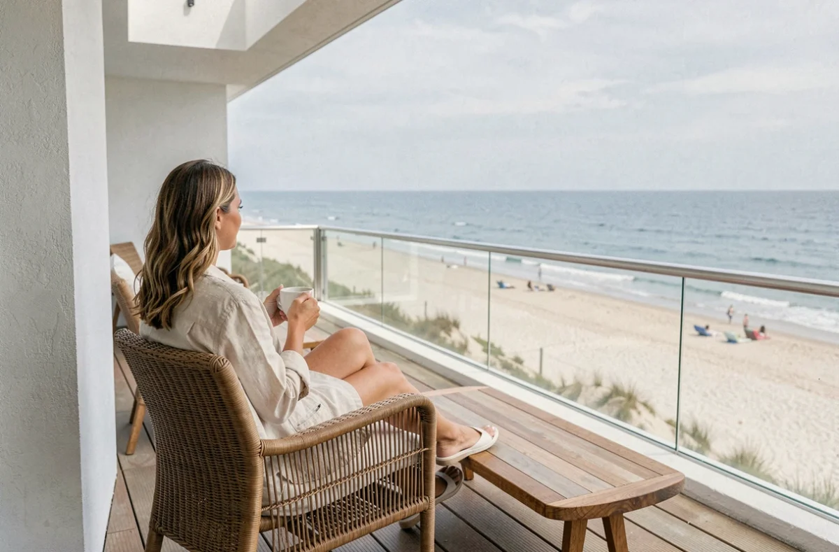 Terrasse moderne de l'hôtel Sowell Hotels Le Beach avec vue sur la plage normande