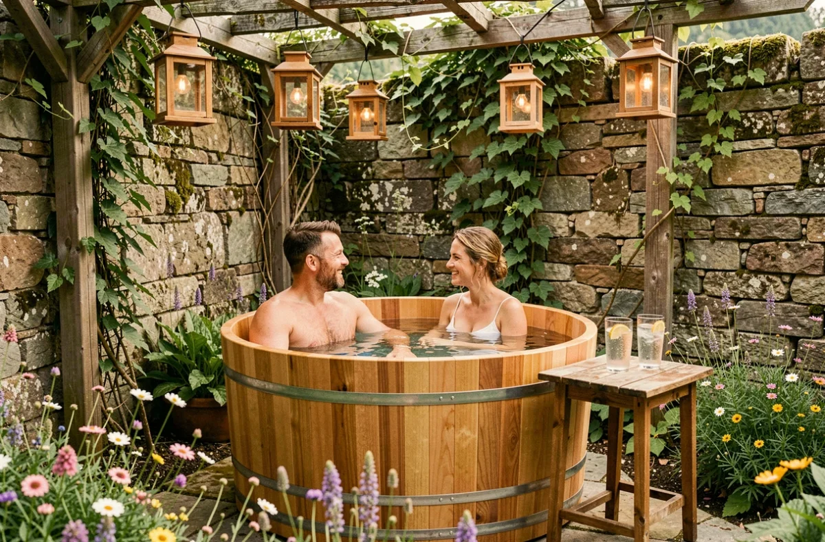 Couple dans un bain à remous en bois privatif au spa de l'Ancienne Ferme près d'Annecy entouré de pierres et de lierre