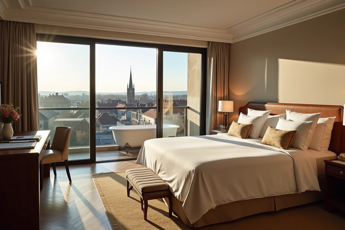 Suite luxueuse d'un hôtel 5 étoiles à Strasbourg avec vue sur la cathédrale et décoration alsacienne raffinée