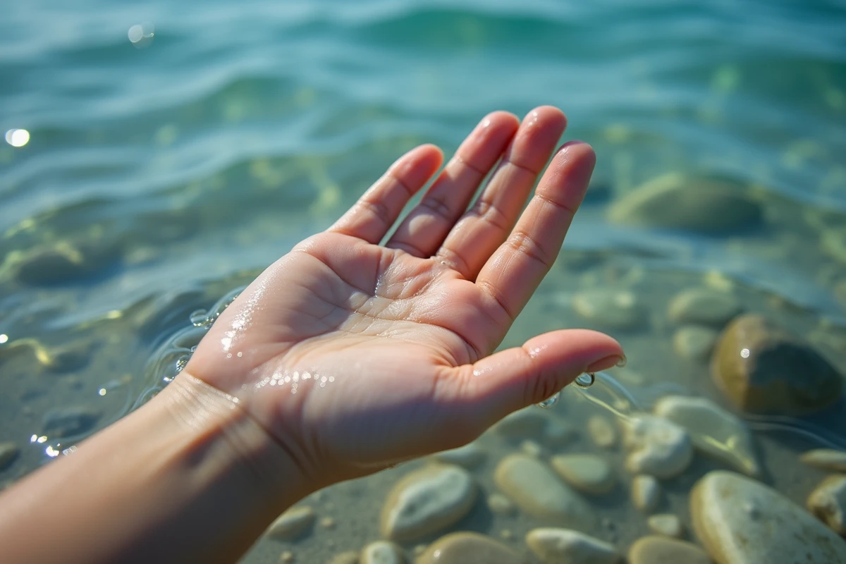 Gros plan d'une main plongeant dans l'eau claire de la mer Méditerranée à Nice pour en tester la température