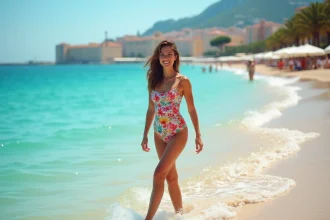 Femme testant la température de l'eau sur la plage de Nice avant de se baigner en Méditerranée
