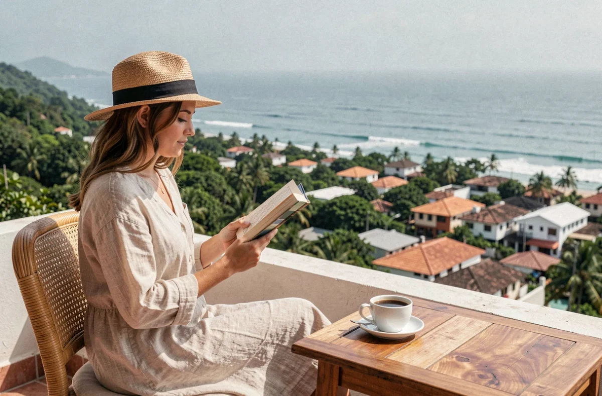 Femme se relaxant sur la terrasse d'un hôtel boutique avec vue sur l'océan à Mazunte