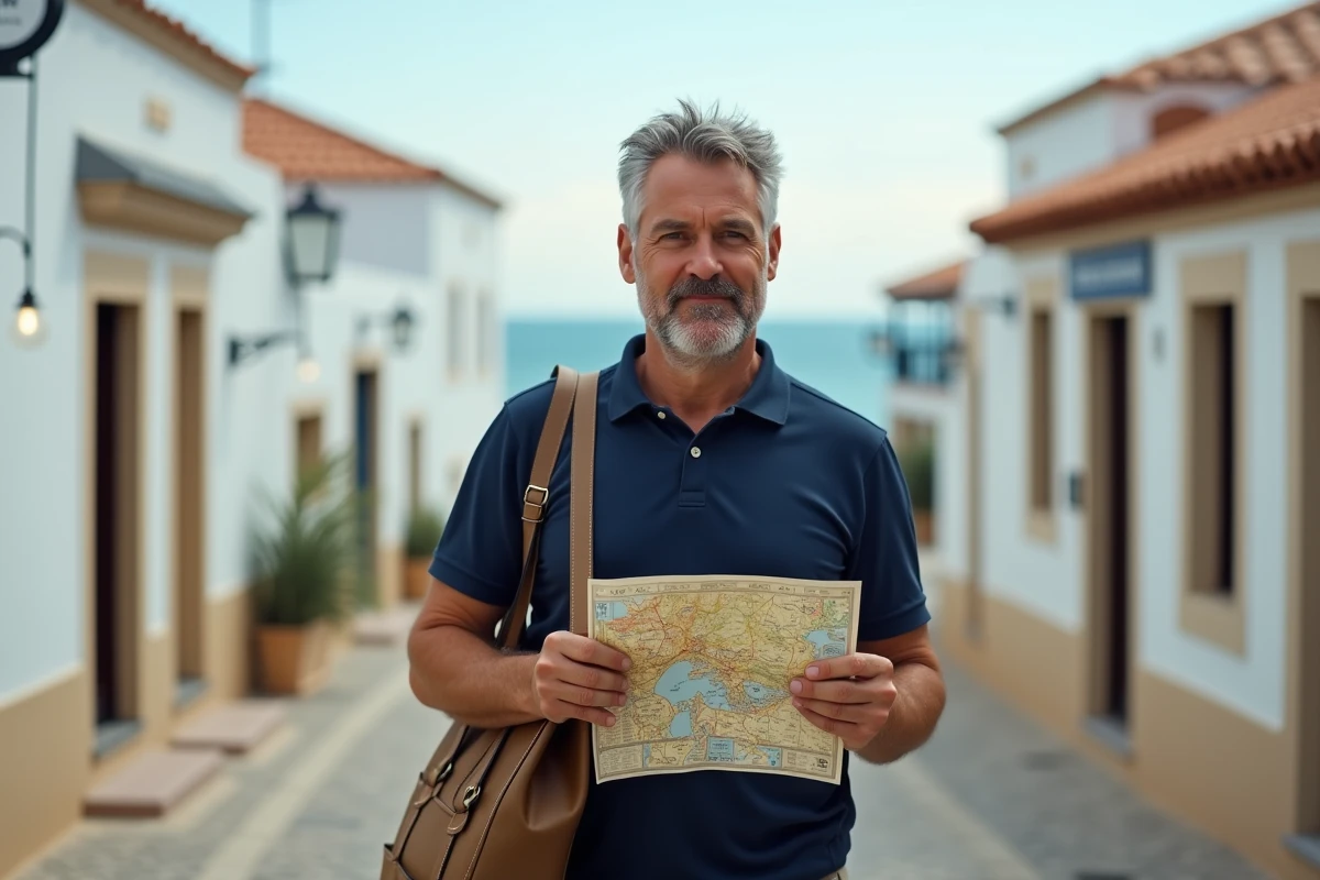 Touriste consultant une carte papier à la sortie d'une gare balnéaire espagnole en bord de mer