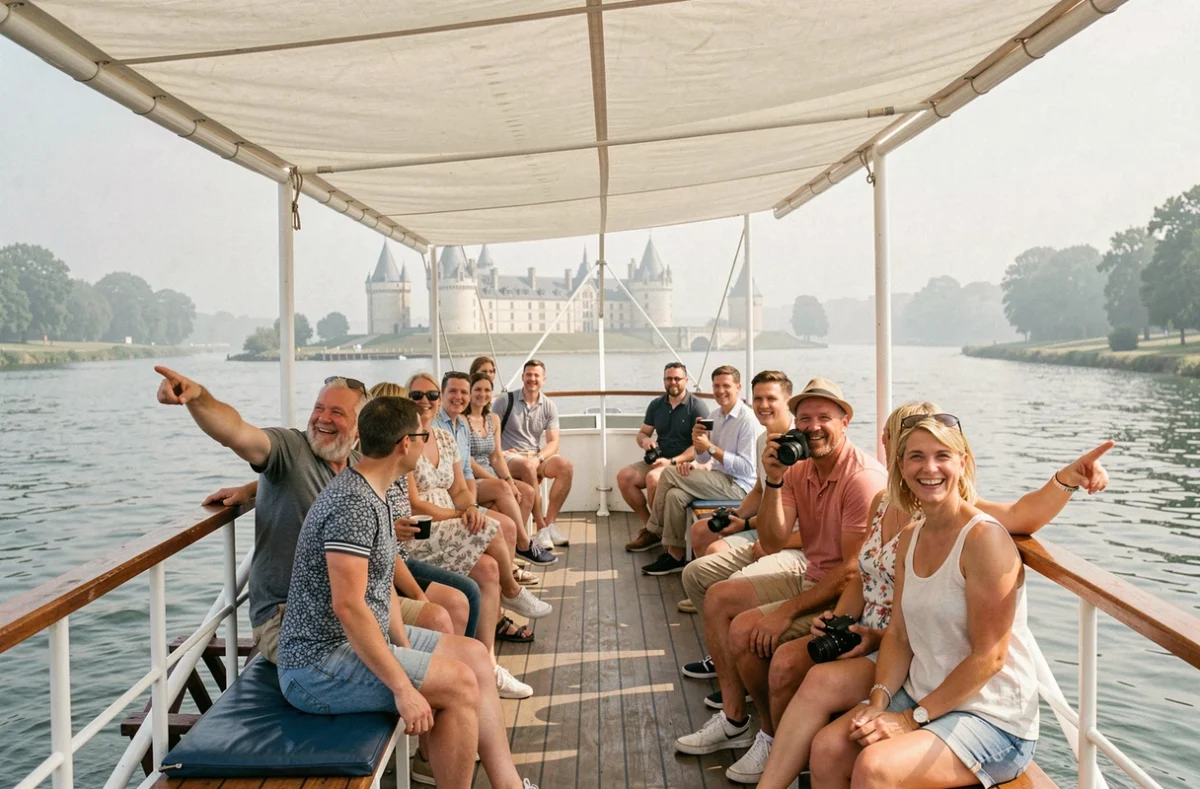 Touristes profitant d'une croisière en bateau à roue à aube sur la Loire avec un château en fond