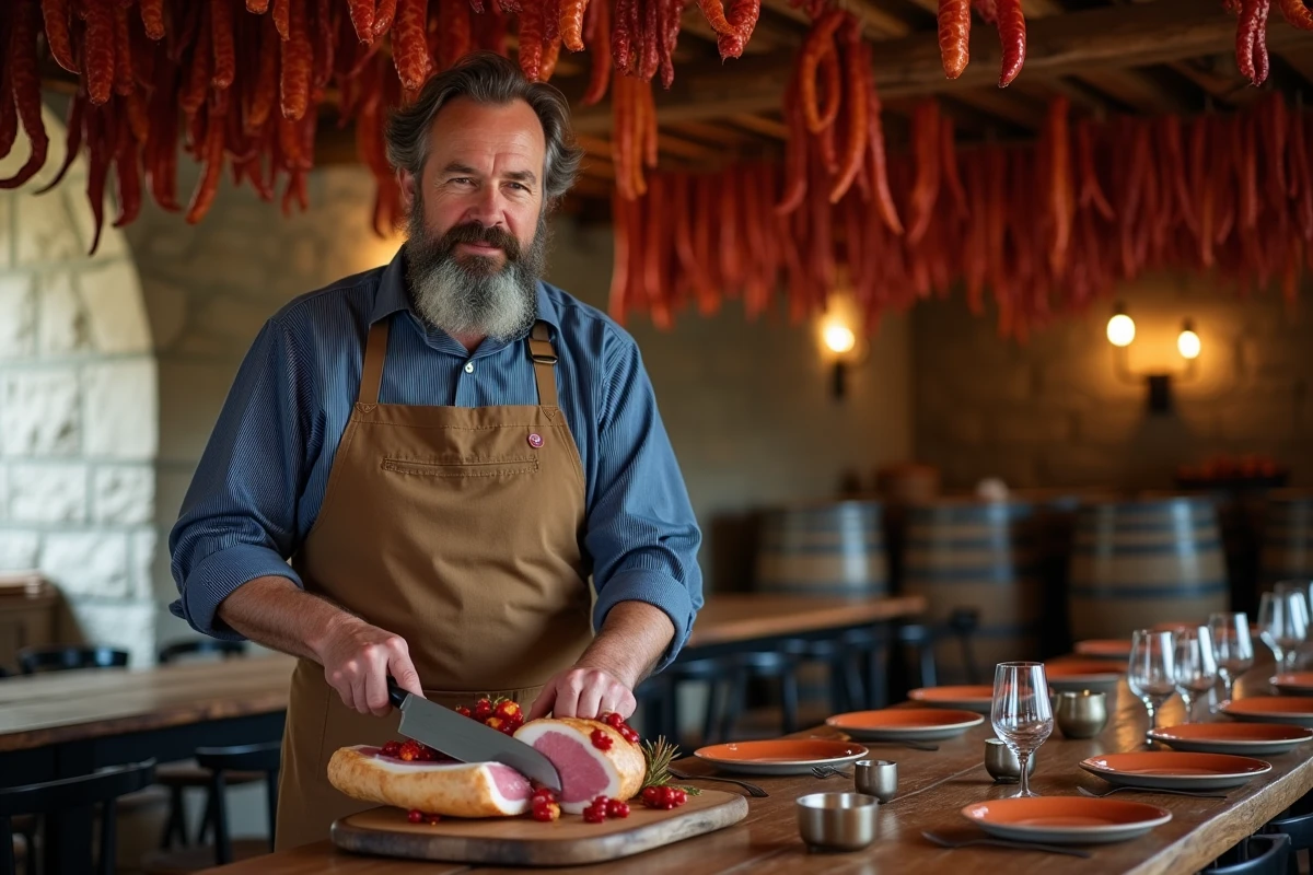 Homme basque tranchant un jambon de Bayonne dans un txoko traditionnel décoré de piments d'Espelette séchés et de tonneaux en chêne