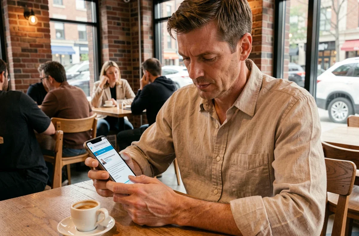 Utilisateur BlaBlaCar consultant l'aide en ligne du service client dans un café urbain