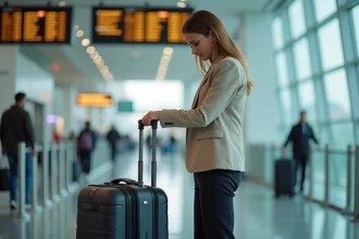 Femme mesurant sa valise cabine dans un gabarit de contrôle bagage Air France en aéroport