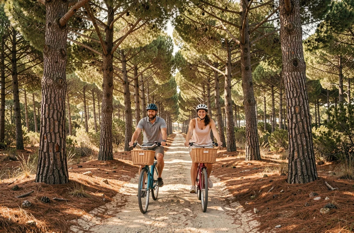 Couple à vélo sur un sentier forestier de l'île de Porquerolles entouré de pins méditerranéens