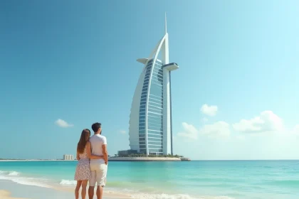 Couple admirant le Burj Al Arab depuis la plage publique de Jumeirah à Dubaï, vue grand angle sur l'hôtel emblématique en forme de voile