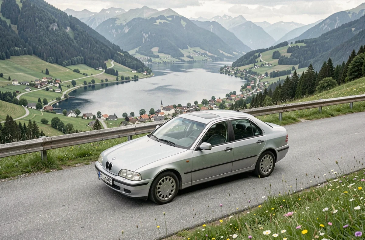 Voiture de location garée sur une route alpine au-dessus de Hallstatt lors d'un autotour en Autriche