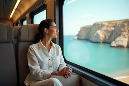 Femme voyageant en train le long de la côte espagnole méditerranéenne, regardant la mer par la fenêtre