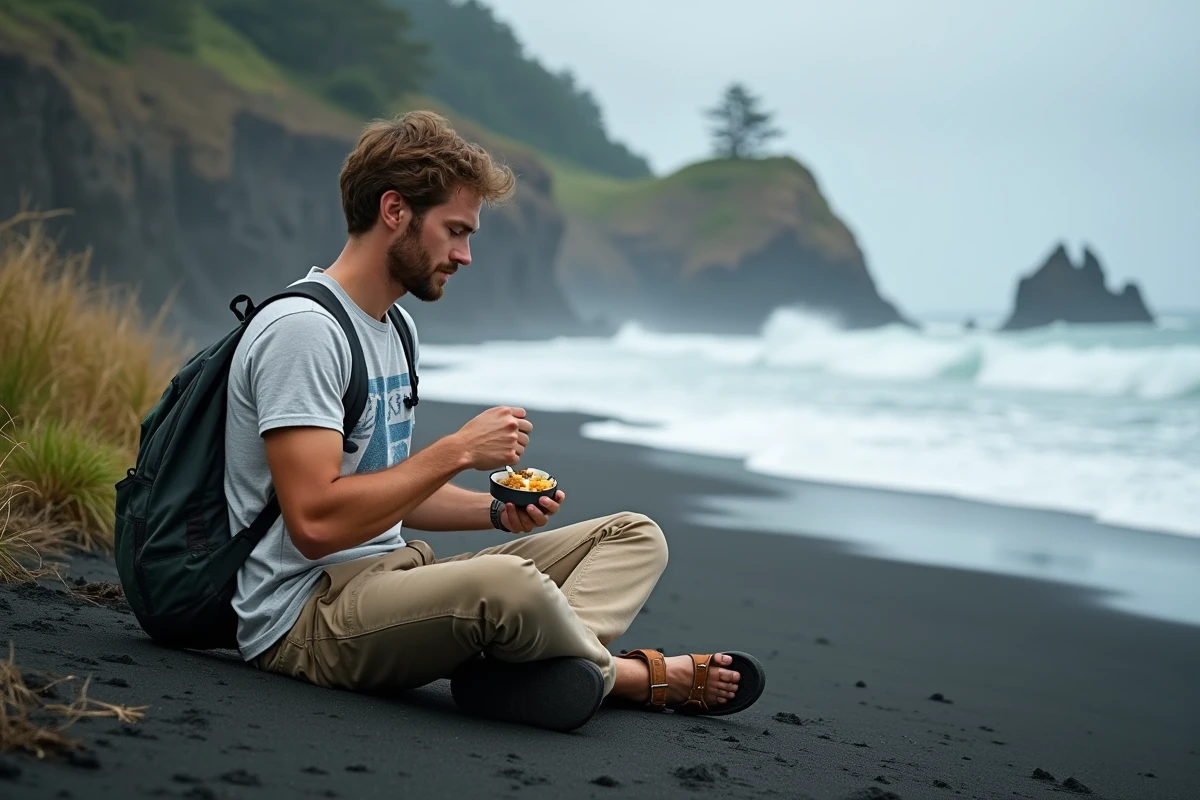 Jeune voyageur mangeant sur les rochers d'un littoral sauvage de la côte Pacifique américaine lors d'un voyage économique