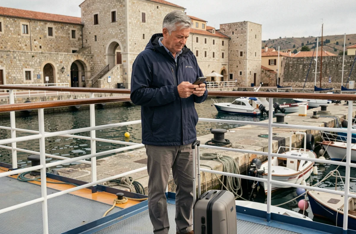 Voyageur senior seul débarquant d'un bateau de croisière dans un port méditerranéen avec une valise cabine