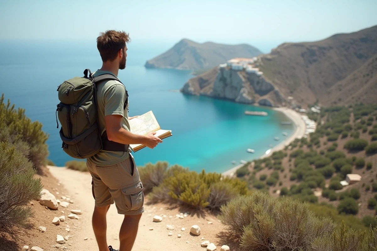 Voyageur solo debout sur un sentier côtier rocheux tenant un journal de voyage, avec vue panoramique sur une baie méditerranéenne turquoise