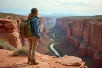 Voyageuse avec sac à dos contemplant un grand canyon de grès rouge dans le Sud-Ouest américain lors d'un voyage à petit budget