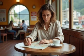 Voyageuse consultant une carte détaillée des Cinque Terre dans une gare italienne, espresso sur la table