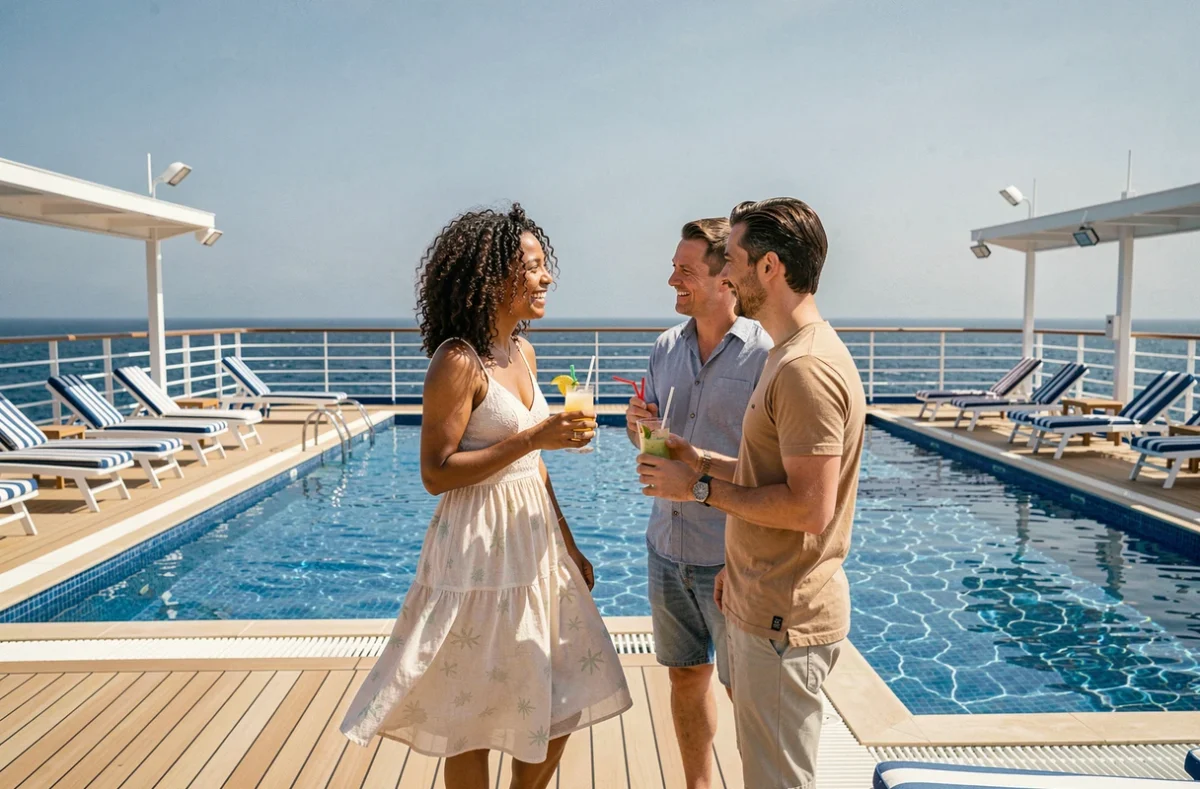 Voyageuse célibataire faisant connaissance avec d'autres passagers autour de la piscine d'un bateau de croisière