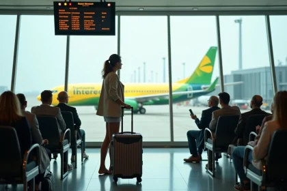 Voyageuse avec valise cabine à la porte d'embarquement d'un aéroport, avion Transavia visible en arrière-plan