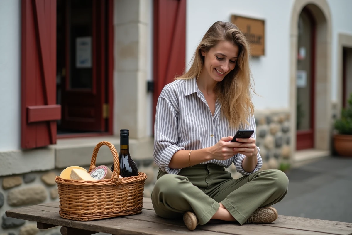 Voyageuse seule parcourant l'application Merkatu.fr avec un panier de produits basques sur une table de marché