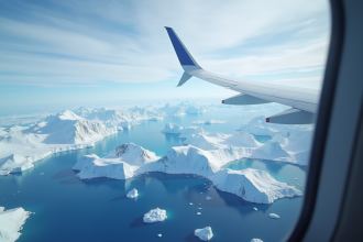 Vue depuis un avion sur l'antarctique avec glaciers et crevasses