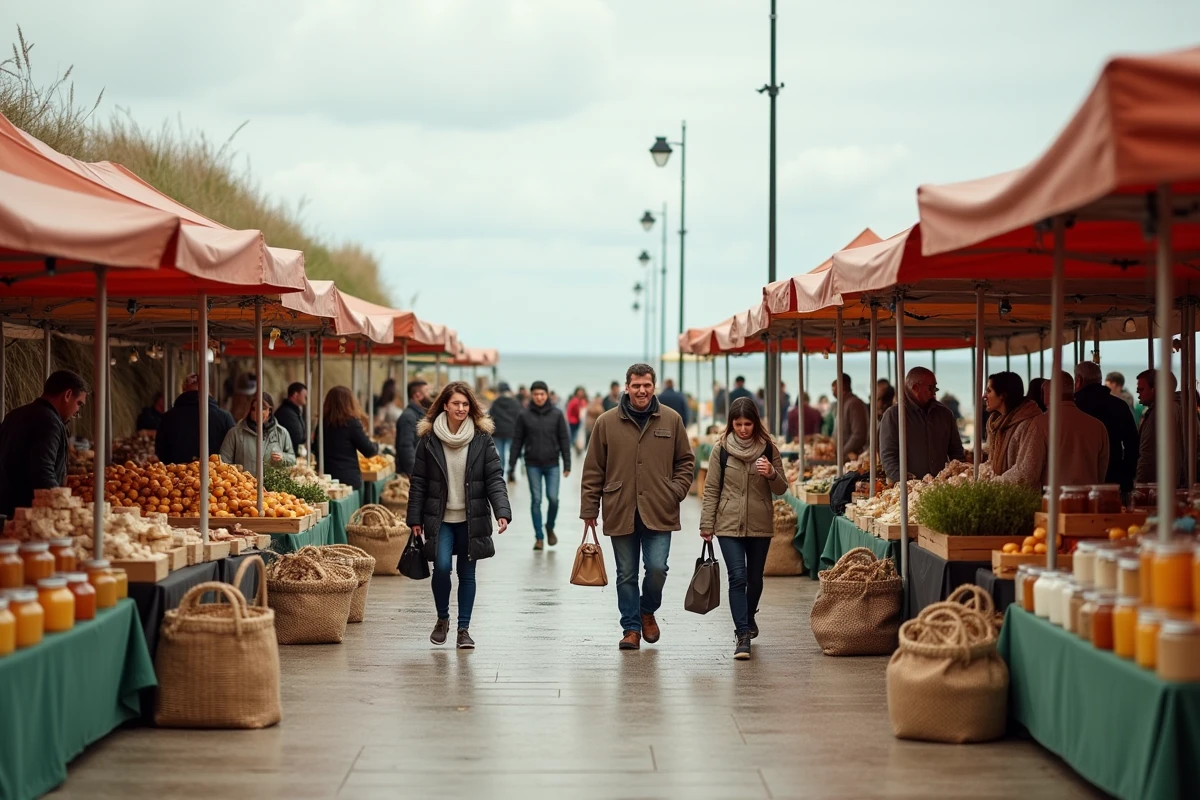 Vue d'ensemble du march&eacute; de Fort Mahon le long de la promenade c&ocirc;ti&egrave;re en baie d'Authie