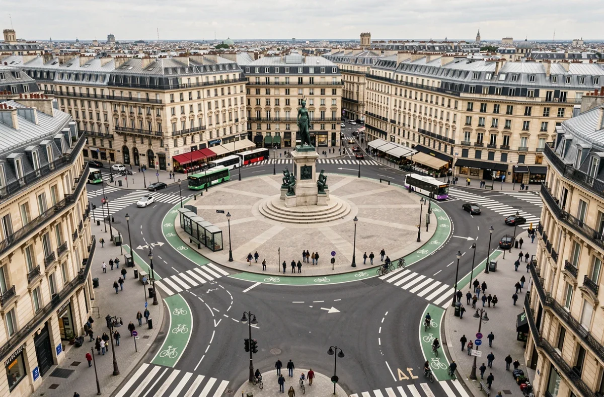 Vue panoramique de la place de la République à Paris avec ses avenues rayonnantes, pistes cyclables et piétons