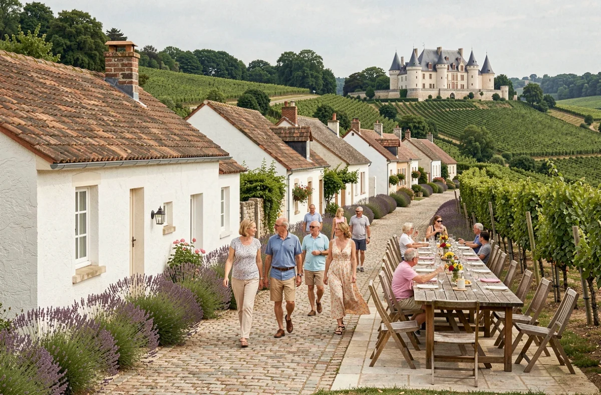 Cottages traditionnels du VVF Villages Les Châteaux de la Loire à Amboise avec vignes et château en arrière-plan